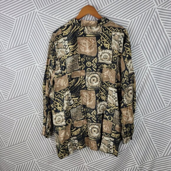 Vintage 100% Silk Top Button Up Plus Size 2X Geometric Art To Wear Snake Print - Picture 5 of 6